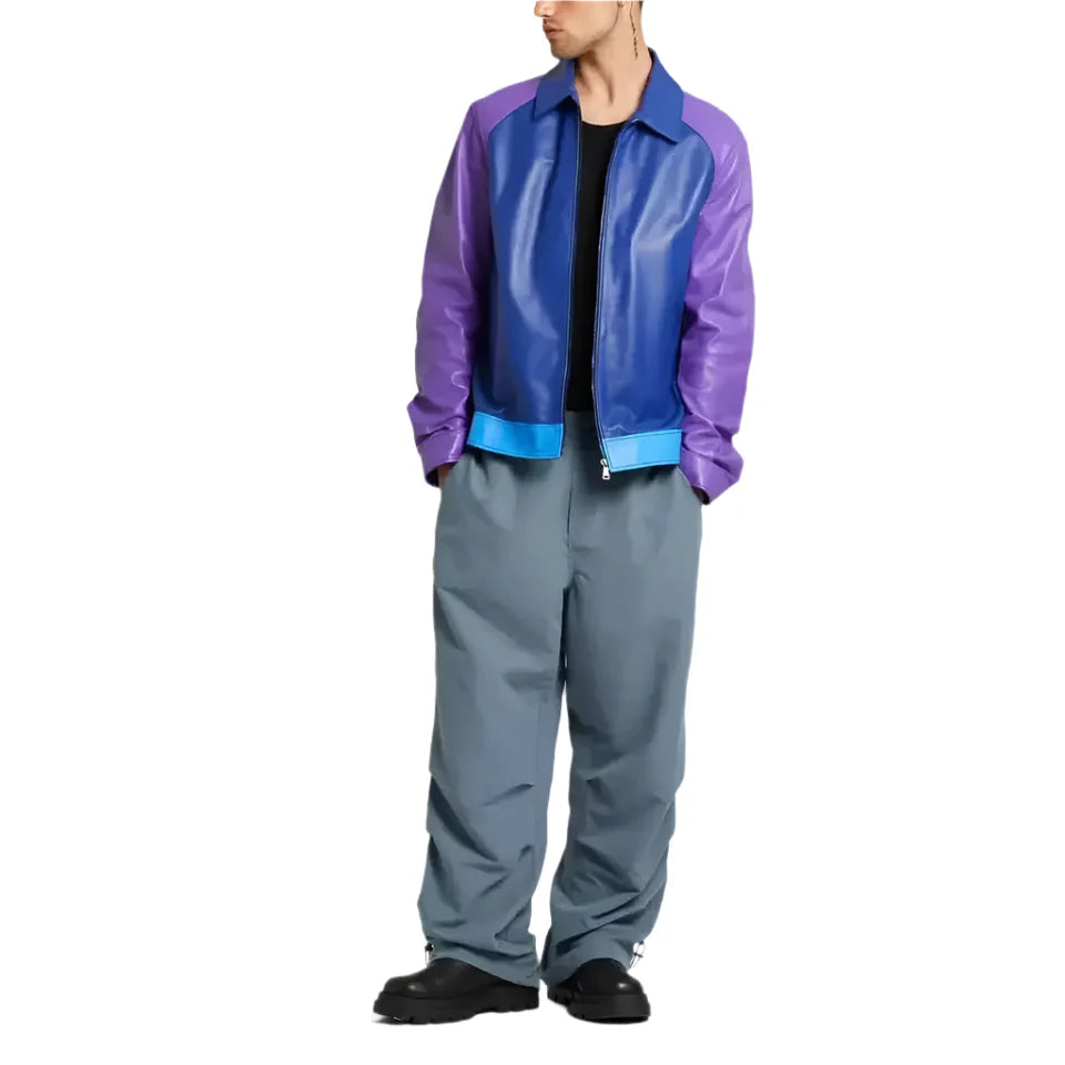 Men's Blue Cafe Racer Leather Biker Jacket