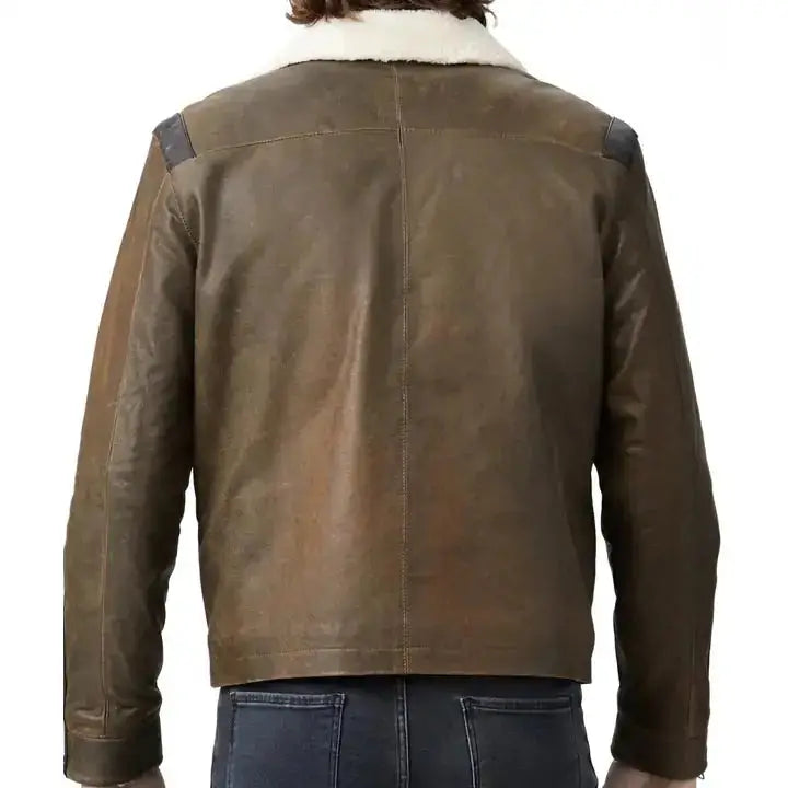 Men's Classic Cracked Lambskin Leather Shearling Bomber Jacket