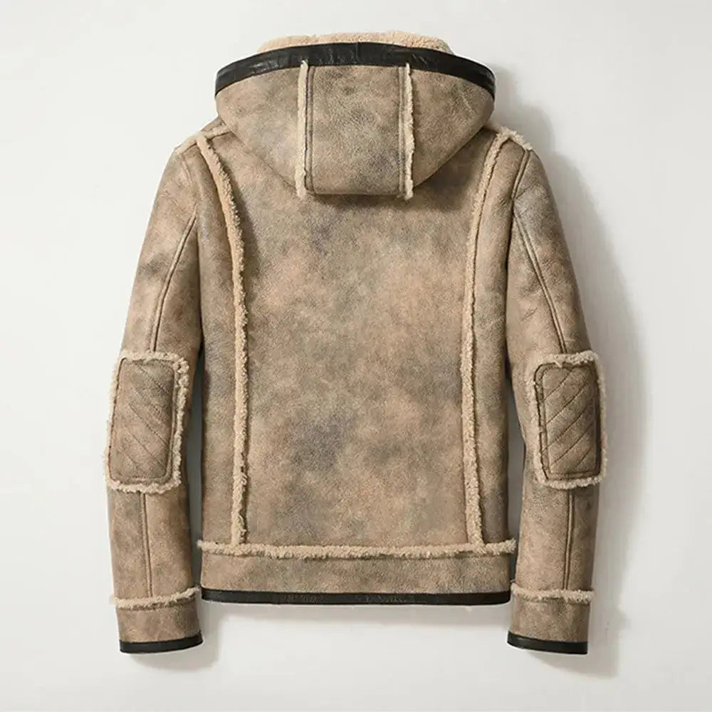 Men’s Hooded Sheepskin Shearling Fur Casual Jacket