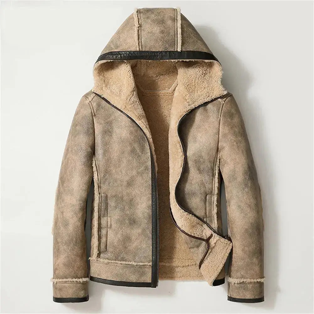 Men’s Hooded Sheepskin Shearling Fur Casual Jacket
