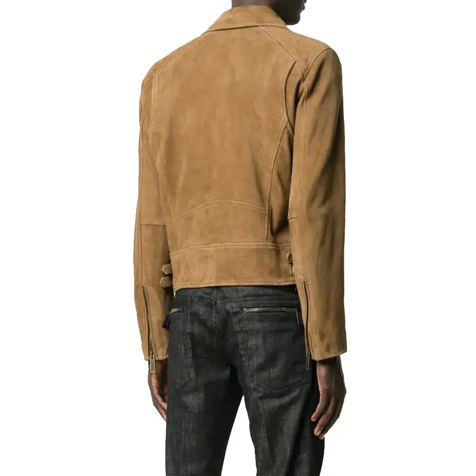 Tan Brown Suede Leather Biker Jacket