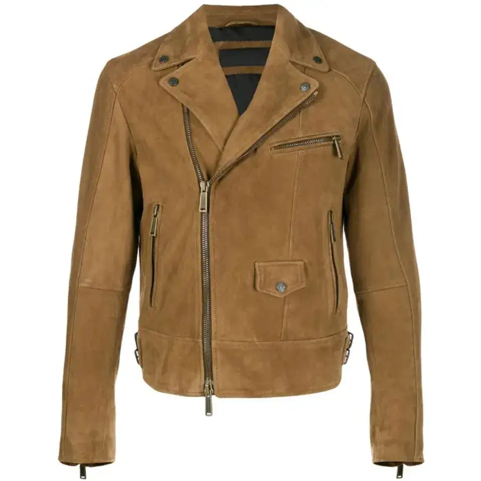 Tan Brown Suede Leather Biker Jacket