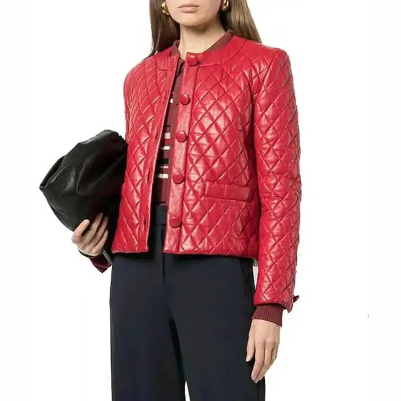 Women's Quilted Red Collarless Leather Jacket