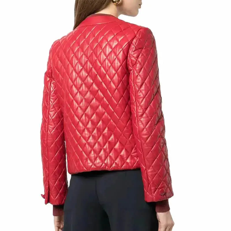 Women's Quilted Red Collarless Leather Jacket