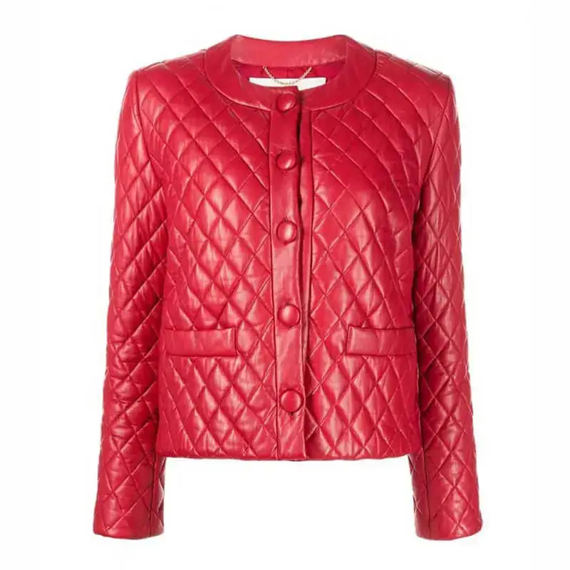 Women's Quilted Red Collarless Leather Jacket