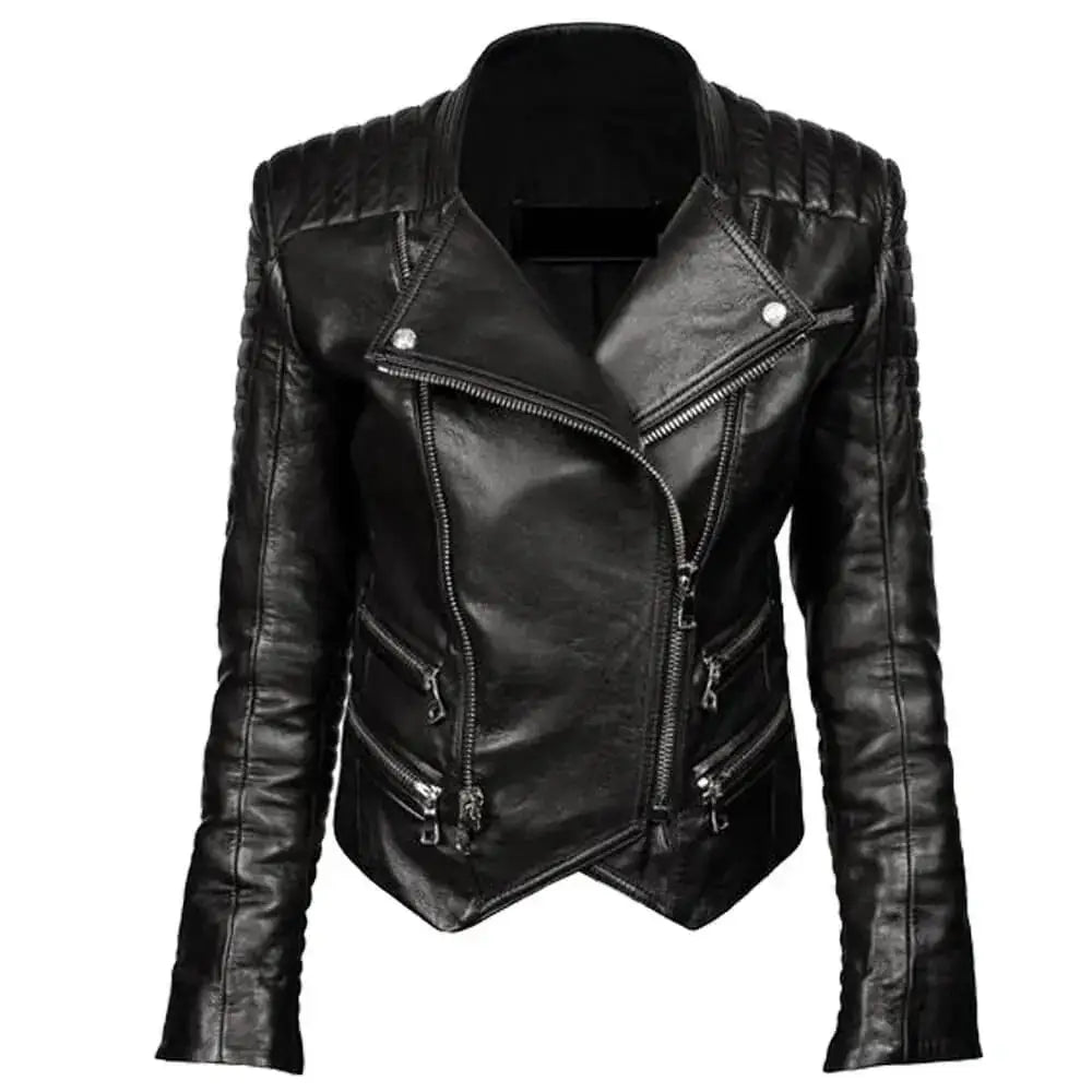 Women’s Genuine Leather Double-Zipper Biker Jacket
